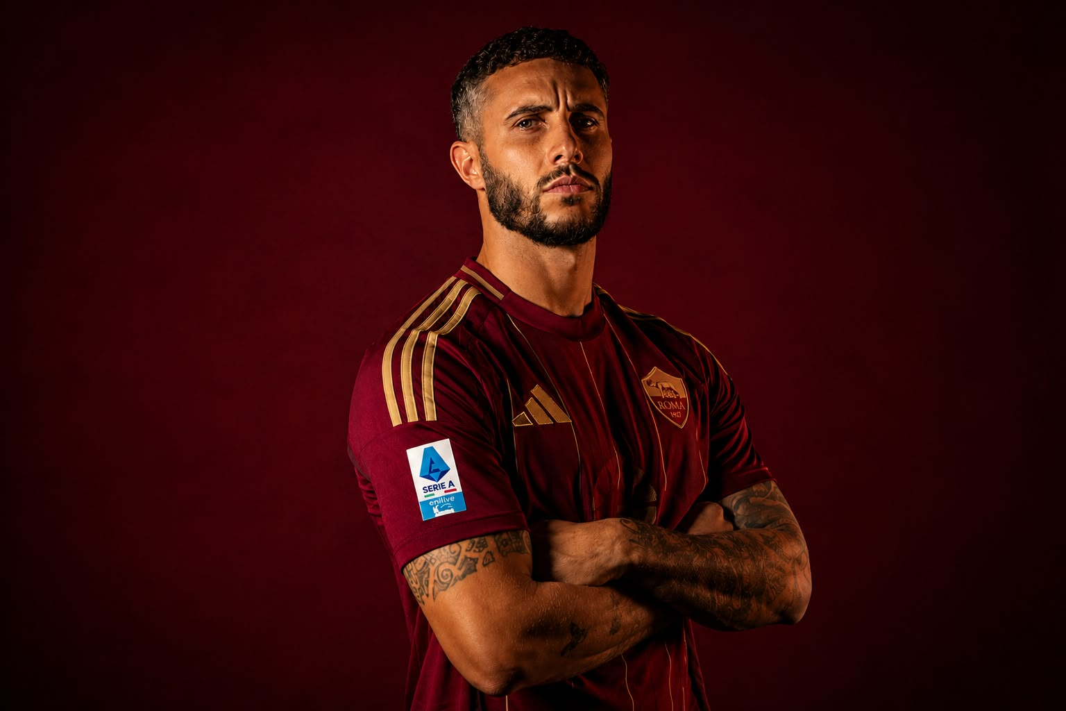 Modelo vestindo camisa de futebol em fundo vermelho